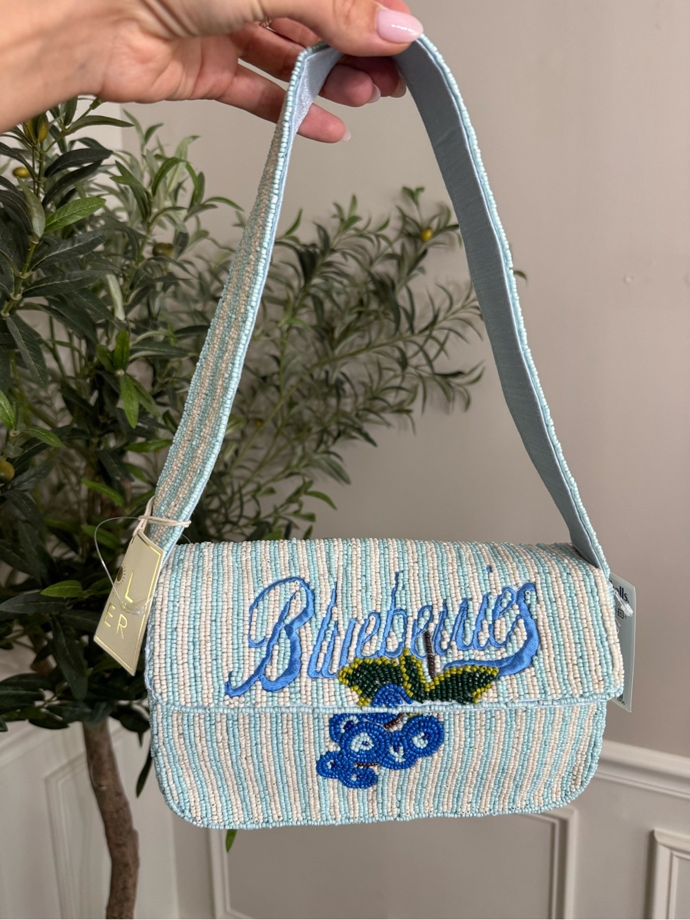 Light Blue Beaded Blueberries Shoulder Bag